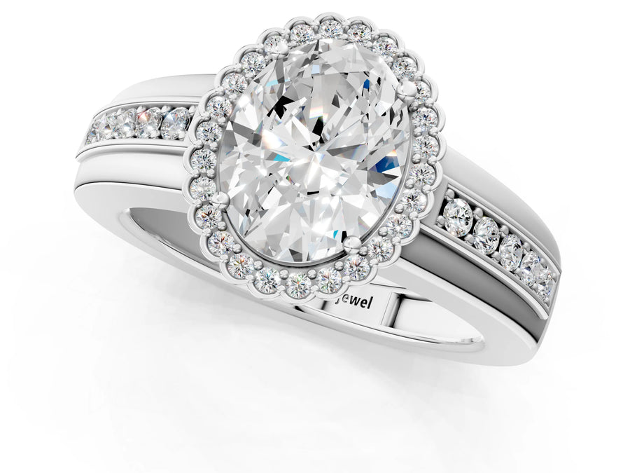 White gold Oval Cut Halo Pave Band Four-Prong Ring