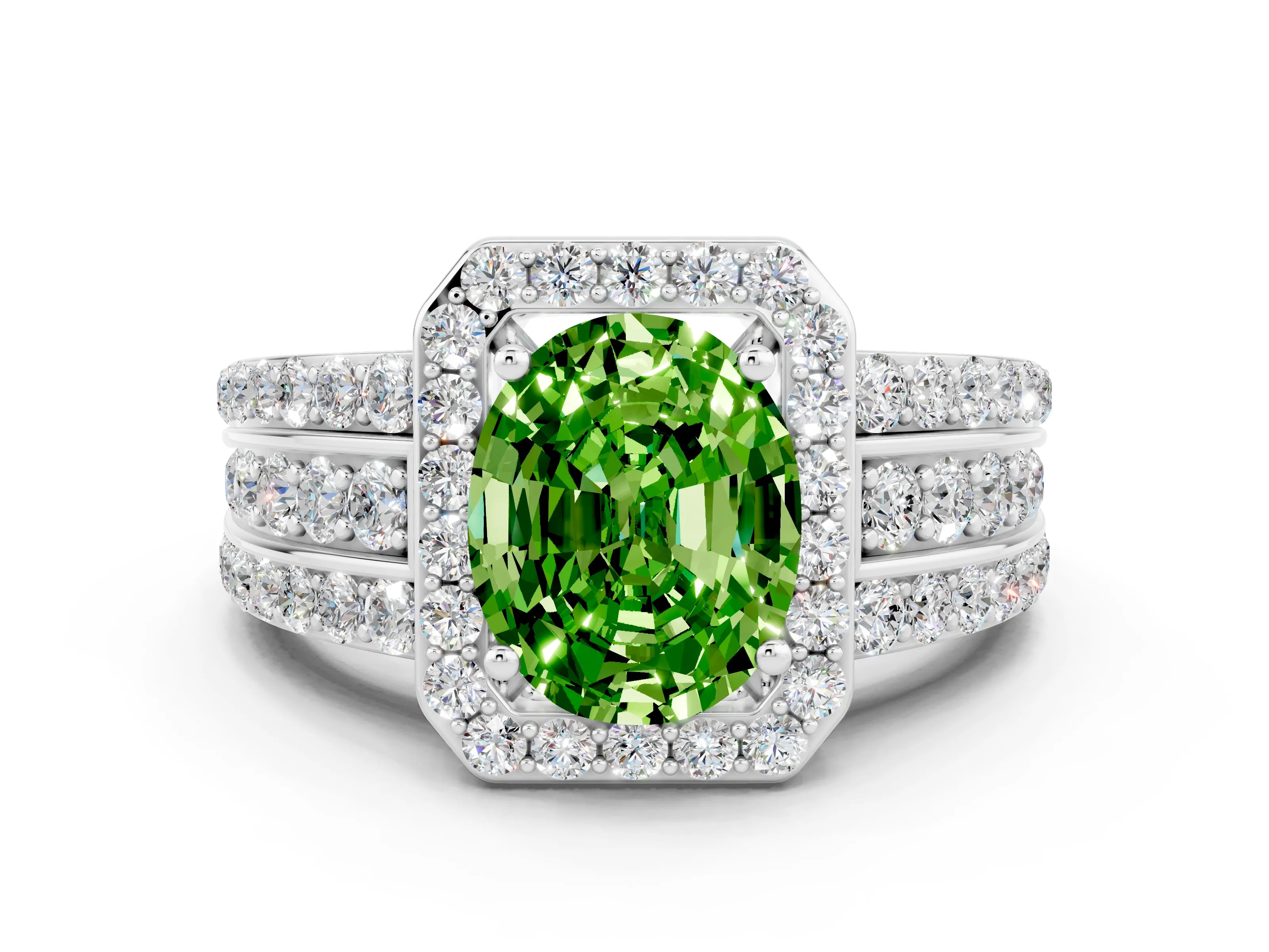 White gold Oval Cut Halo Peridot Ring with Split Shank and Four-Prong Setting