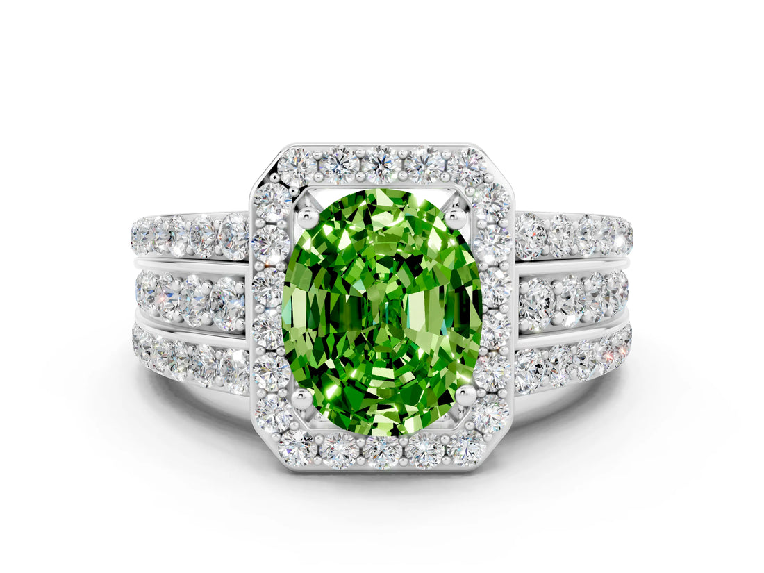 White gold Oval Cut Halo Peridot Ring with Split Shank and Four-Prong Setting