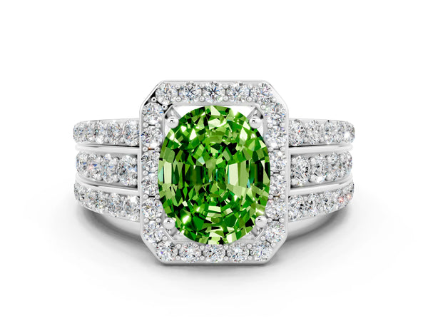 Platinum Oval Cut Halo Peridot Ring with Round  Split Shank and Prong Setting