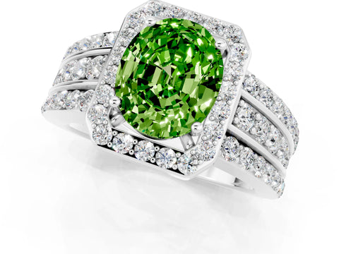 White gold Oval Cut Halo Peridot Ring with Split Shank and Four-Prong Setting_1