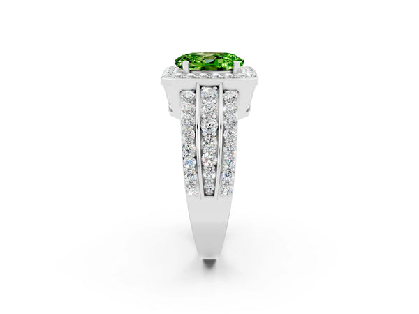 White gold Oval Cut Halo Peridot Ring with Round  Split Shank and Prong Setting