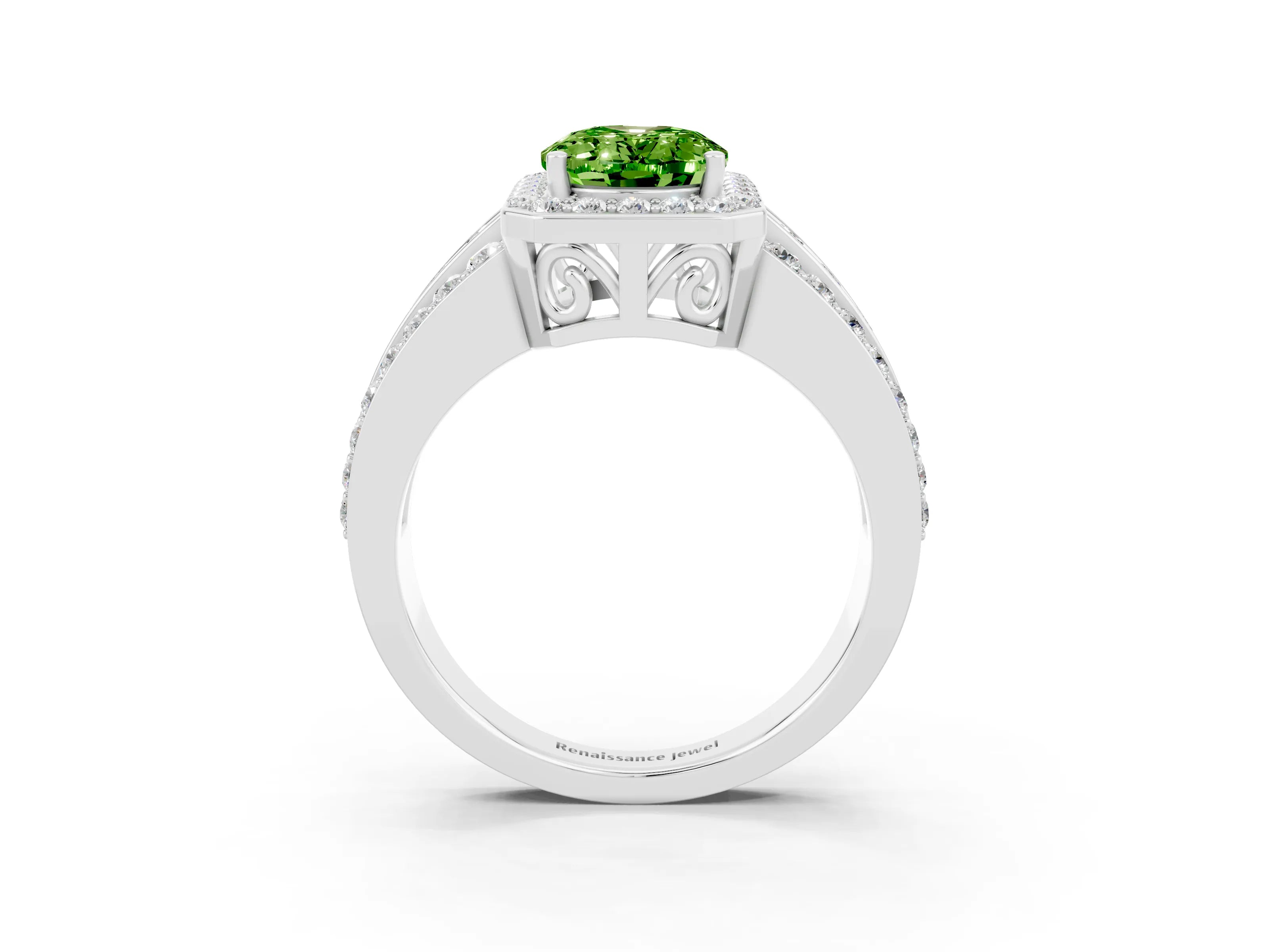 White gold Oval Cut Halo Peridot Ring with Split Shank and Four-Prong Setting_3
