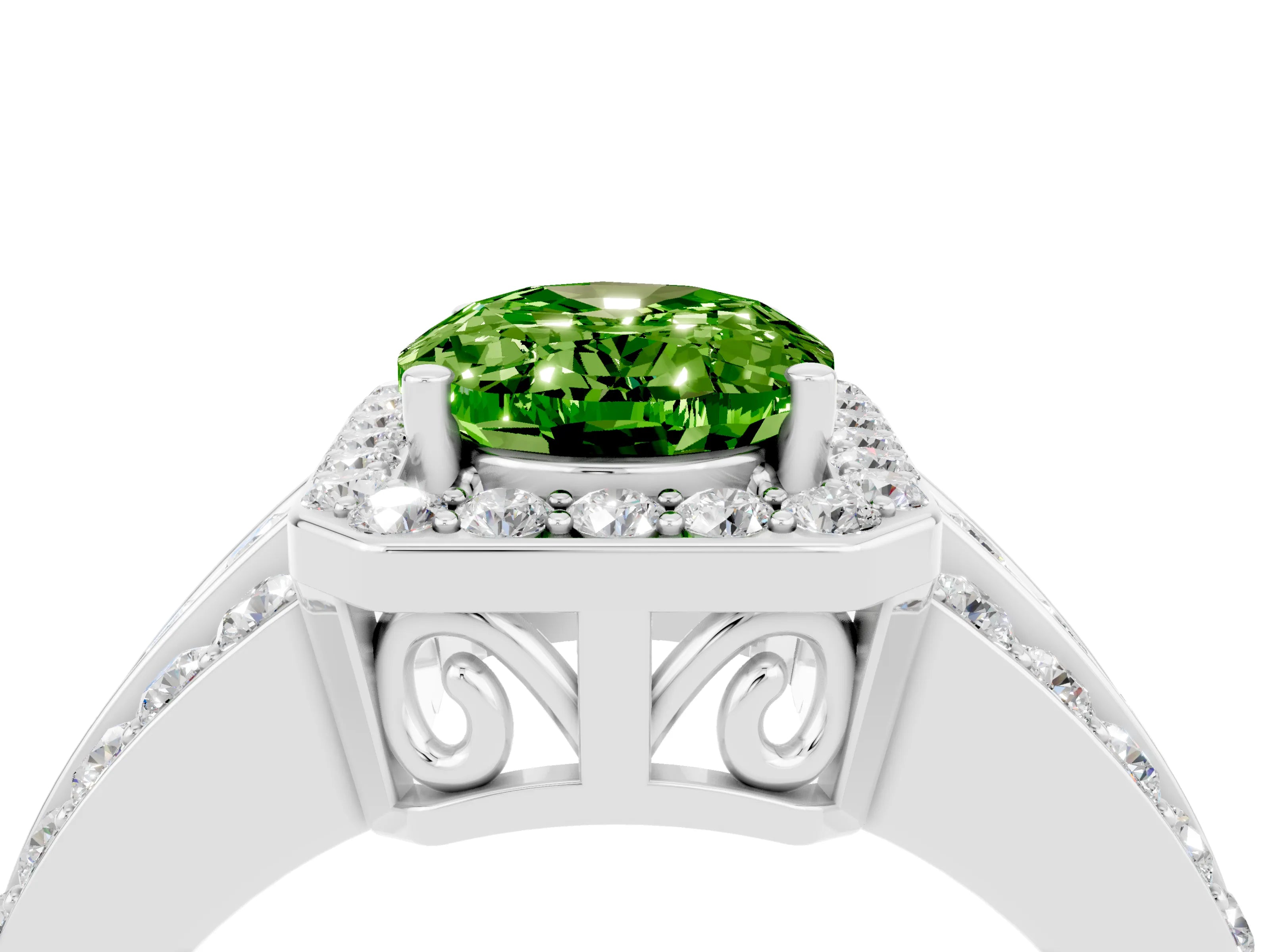 White gold Oval Cut Halo Peridot Ring with Split Shank and Four-Prong Setting_4