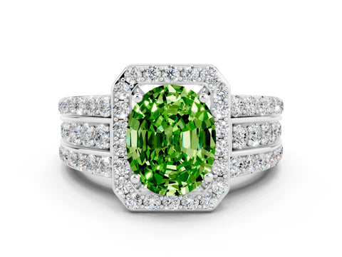White gold Oval Cut Halo Peridot Ring with Split Shank and Four-Prong Setting