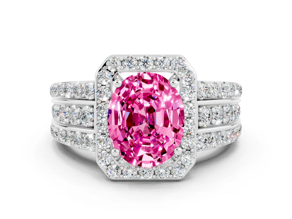 Silver Oval Cut Halo Pink Sapphire Ring with Round  Split Shank and Prong Setting