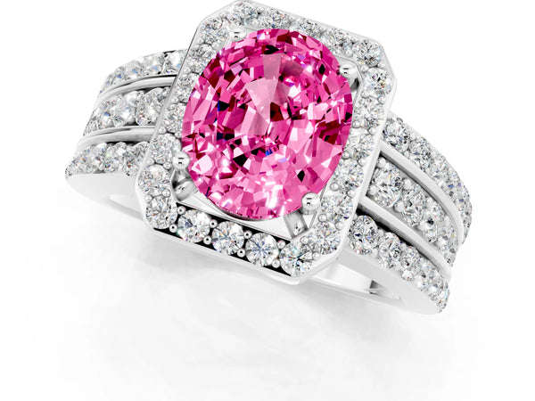 Platinum Oval Cut Halo Pink Sapphire Ring with Round  Split Shank and Prong Setting