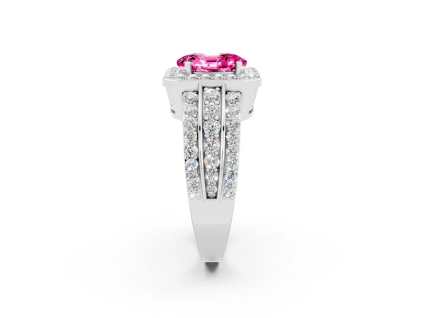 Silver Oval Cut Halo Pink Sapphire Ring with Round  Split Shank and Prong Setting