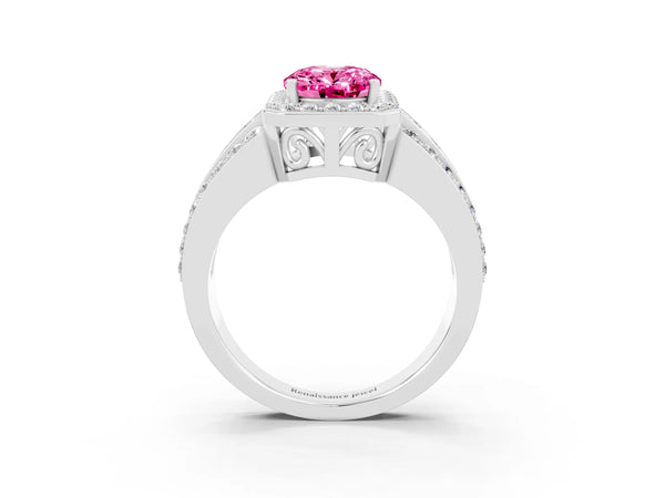 Platinum Oval Cut Halo Pink Sapphire Ring with Round  Split Shank and Prong Setting