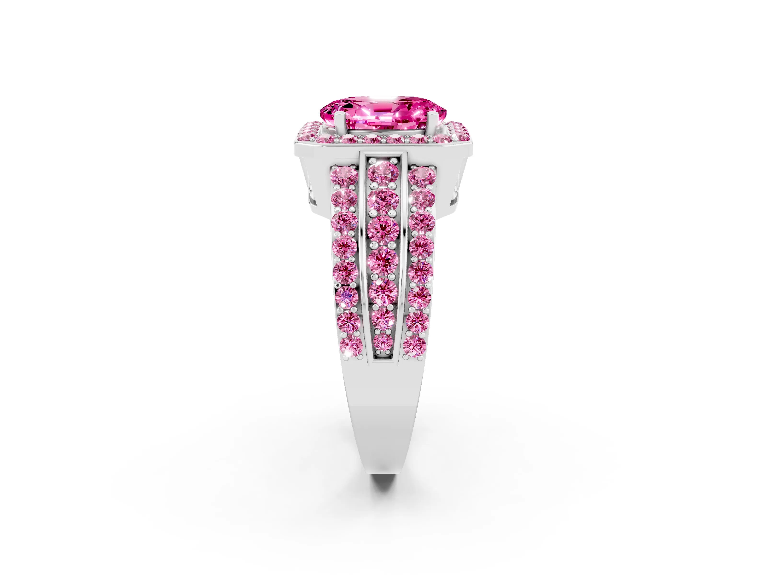 White gold Oval Cut Halo Pink Sapphire Ring with Split Shank and Four-Prong Setting_2
