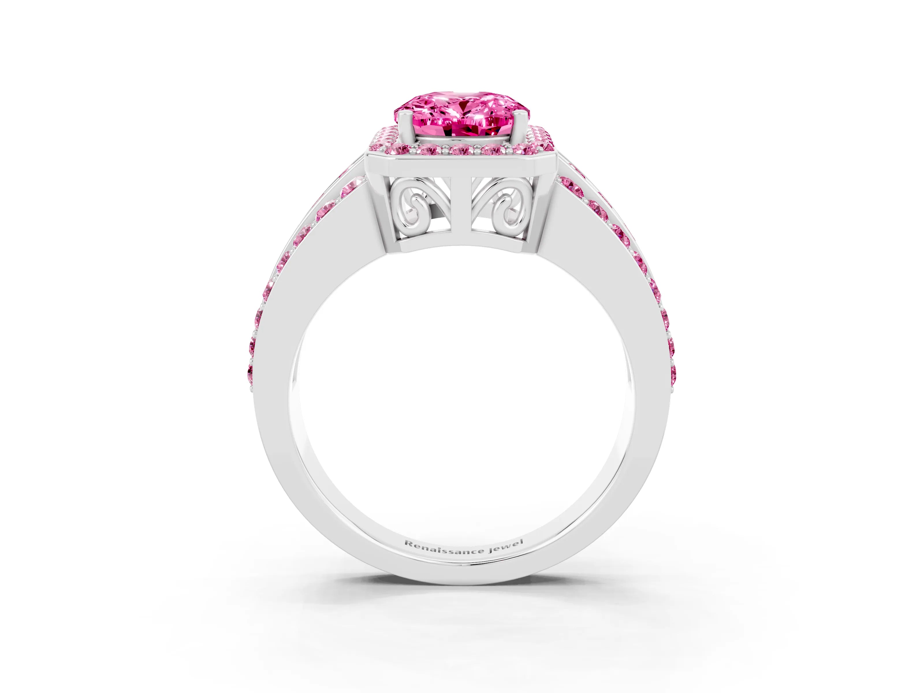 White gold Oval Cut Halo Pink Sapphire Ring with Split Shank and Four-Prong Setting_3