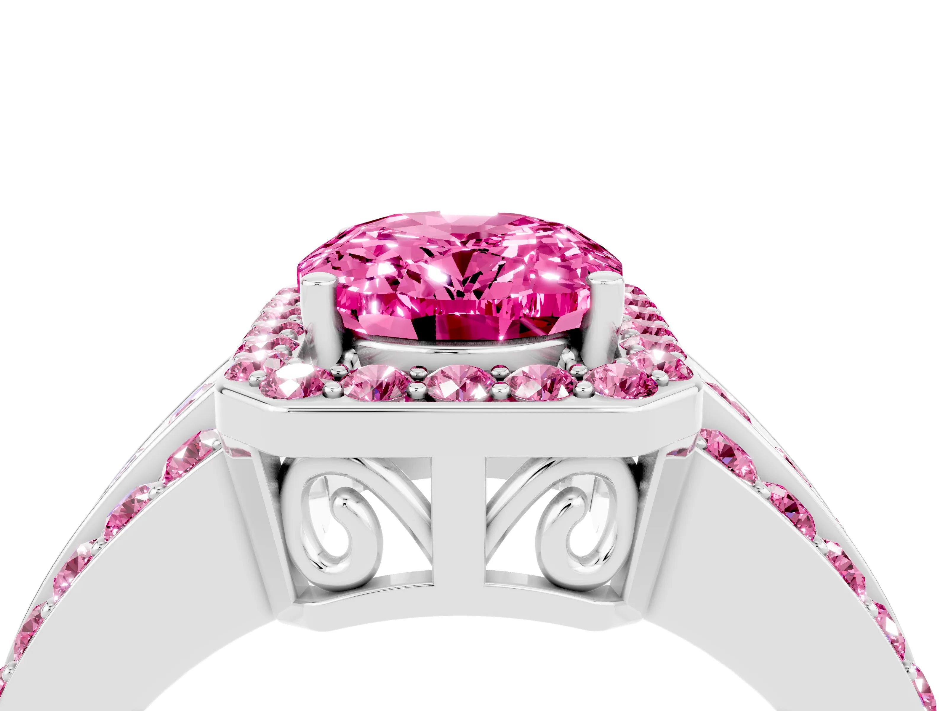 White gold Oval Cut Halo Pink Sapphire Ring with Split Shank and Four-Prong Setting_4