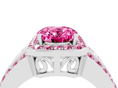 White gold Oval Cut Halo Pink Sapphire Ring with Split Shank and Four-Prong Setting_4