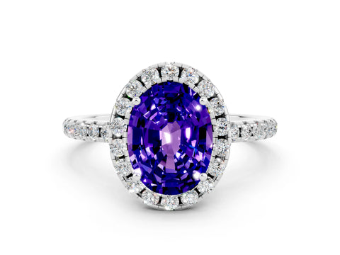 White gold Oval Cut Halo Round Diamond Pavé Band Four-Prong Ring