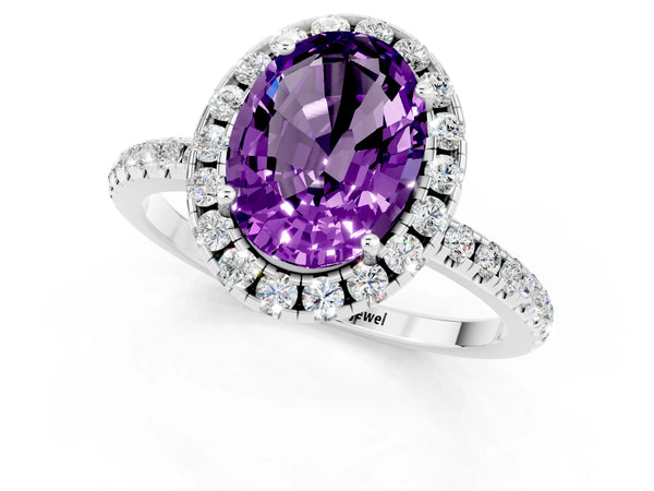 Platinum Oval Cut Amethyst Halo Ring with Round Pavé Band and Prong Setting
