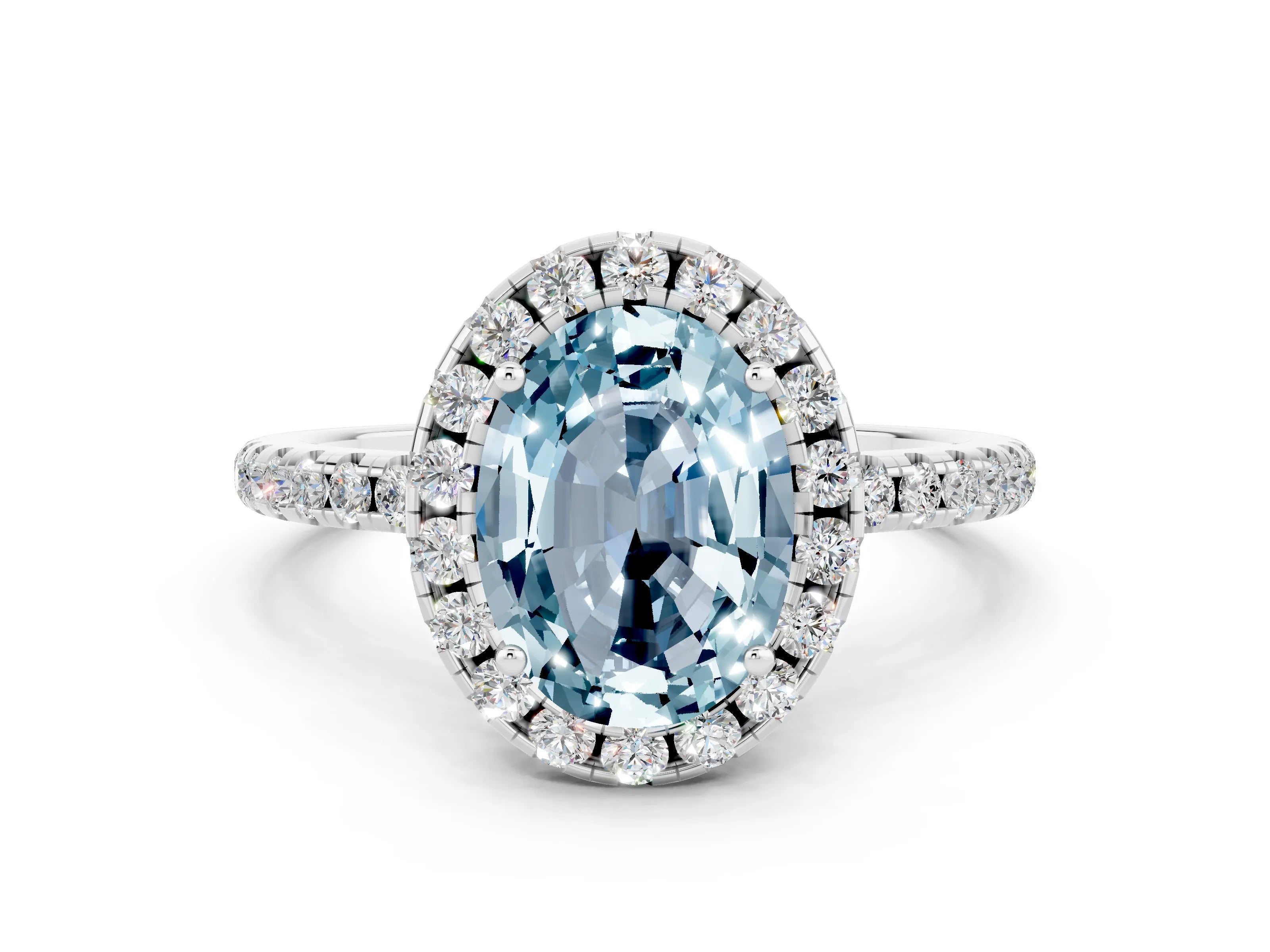 White gold Oval Cut Halo Round Diamond Pavé Band Four-Prong Ring