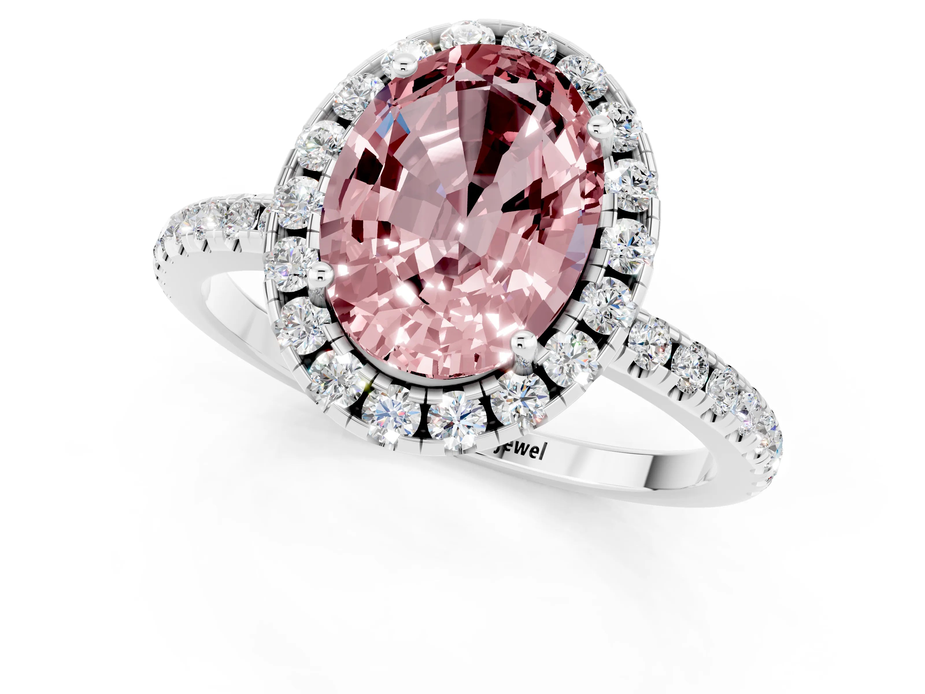 White gold Oval Cut Halo Round Diamond Pavé Band Four-Prong Ring_1