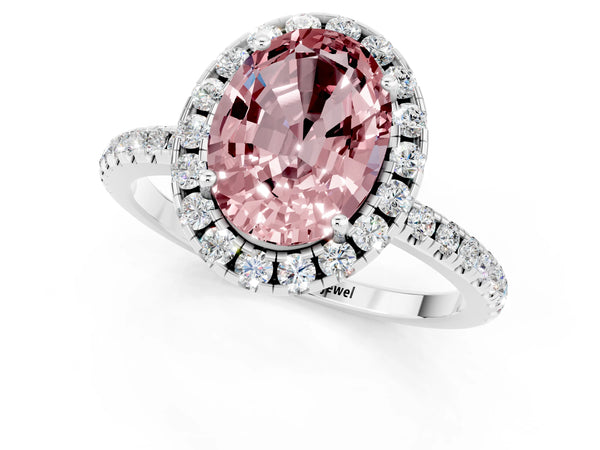 Silver Oval Cut Halo Round Diamond Pavé Band Four-Prong Ring