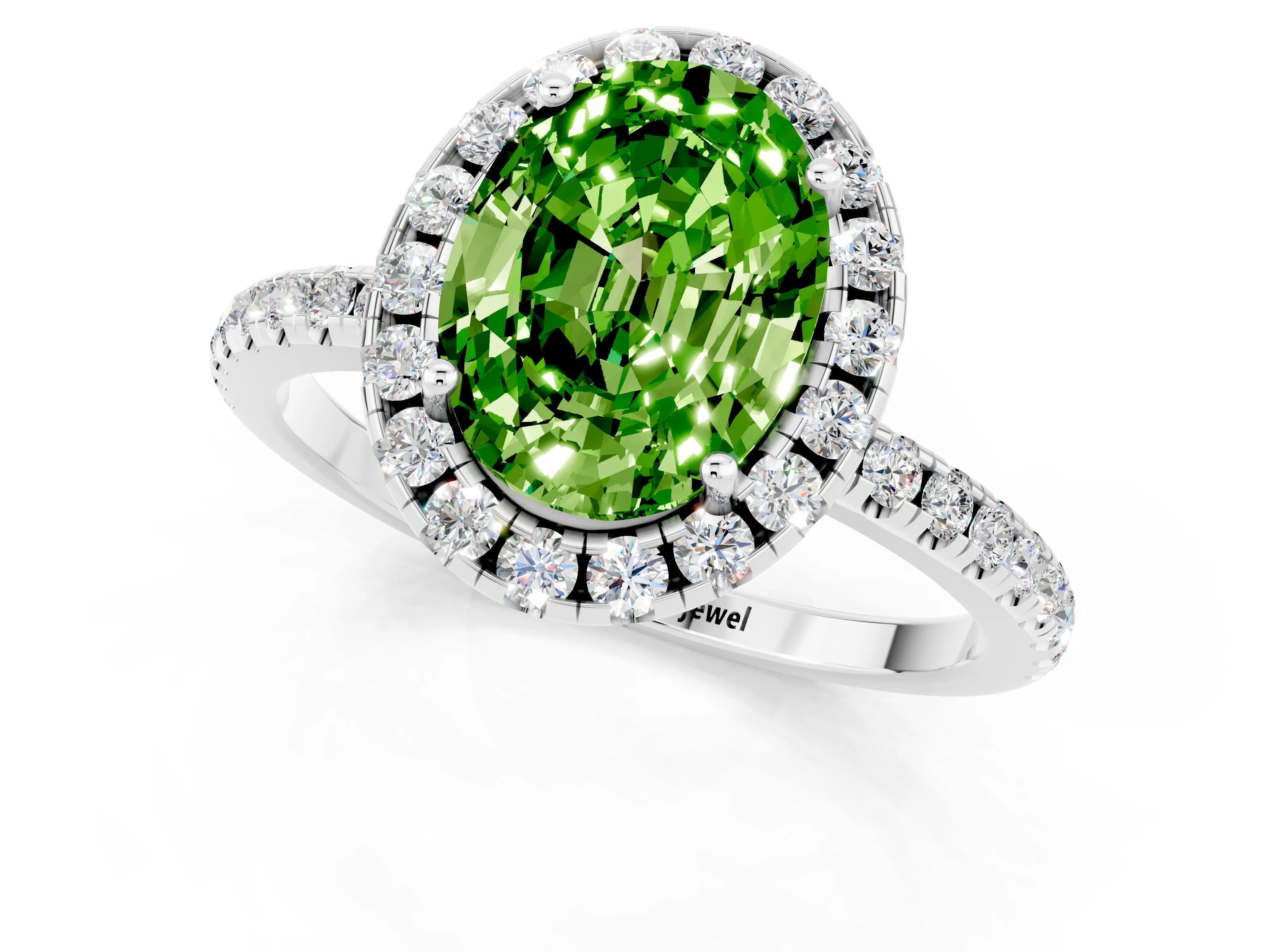 White gold Oval Cut Halo Round Diamond Pavé Band Four-Prong Ring_1