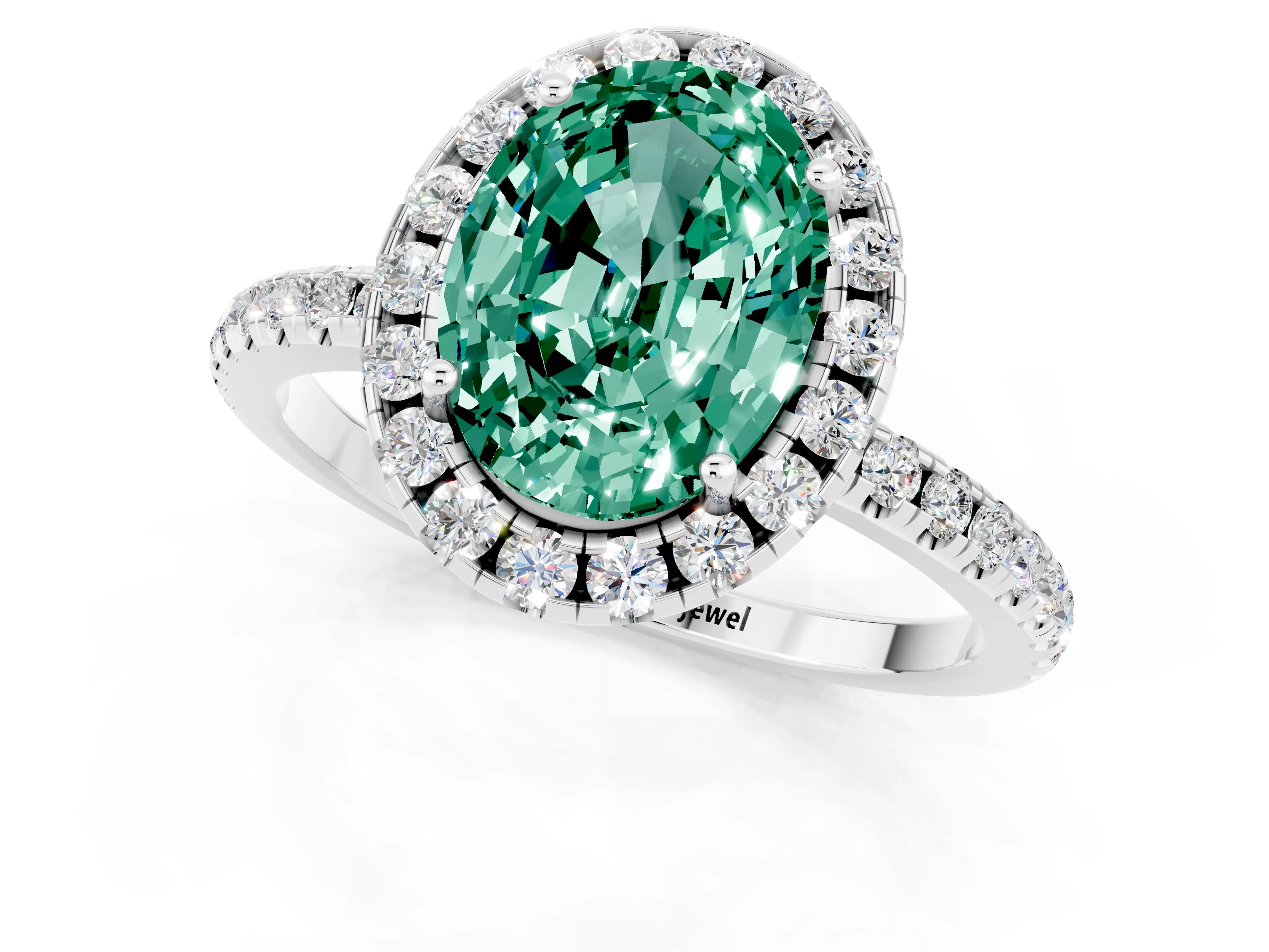 White gold Oval Cut Halo Round Diamond Pavé Band Four-Prong Ring_1