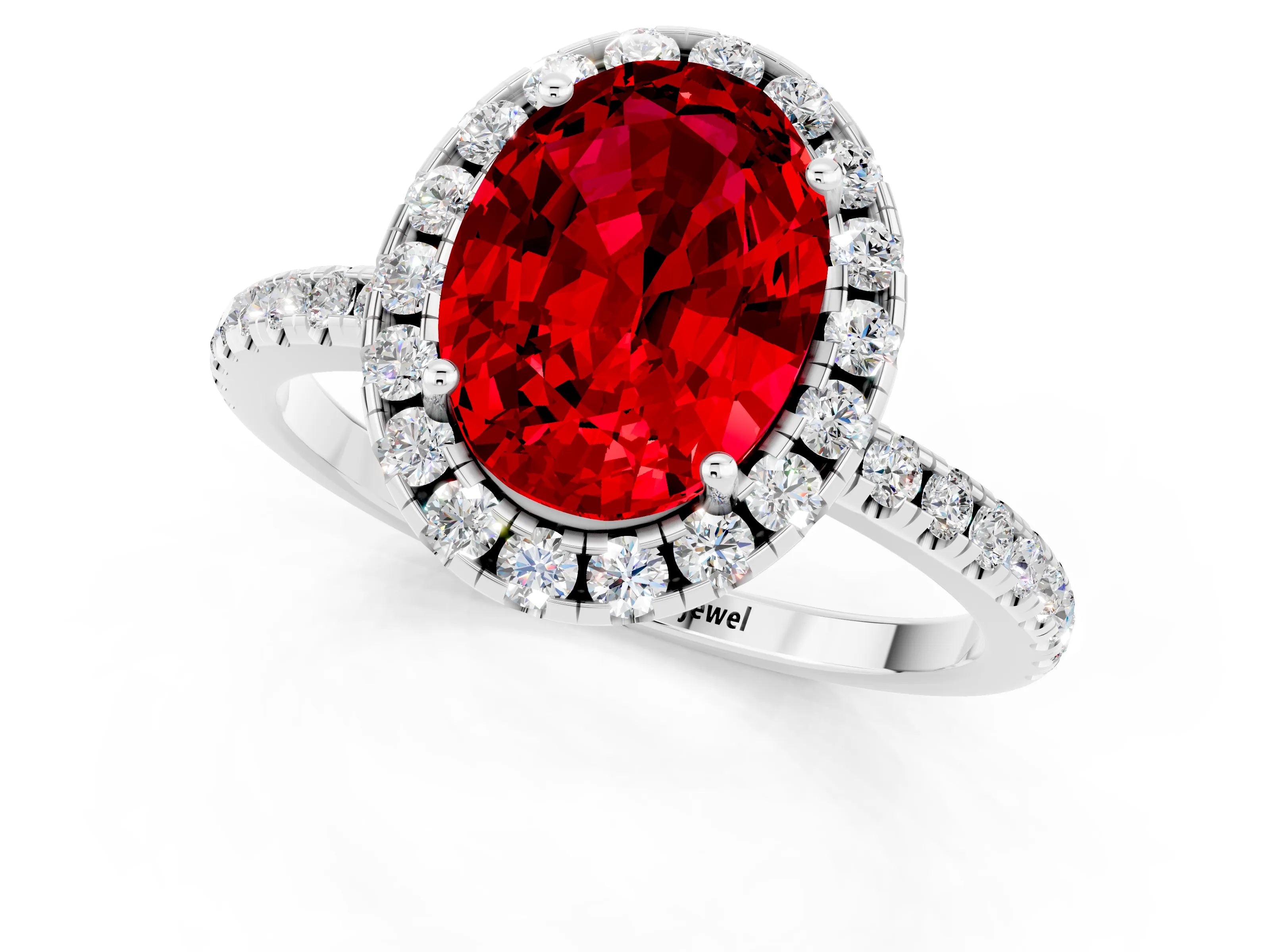 White gold Oval Cut Halo Round Diamond Pavé Band Four-Prong Ring_1