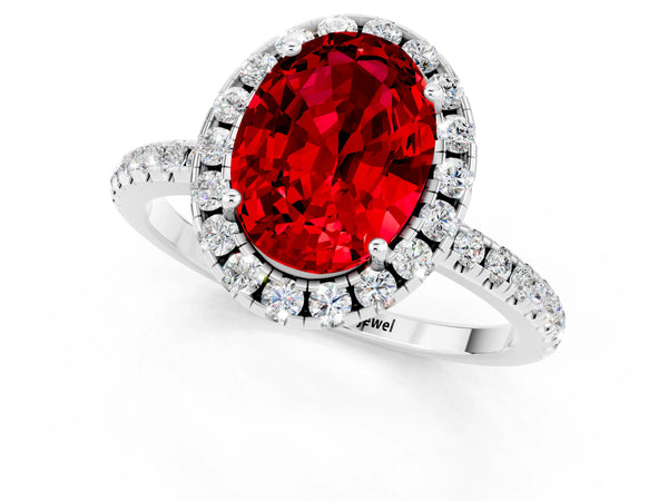 Platinum Oval Cut Halo Round Diamond Pavé Band Four-Prong Ring