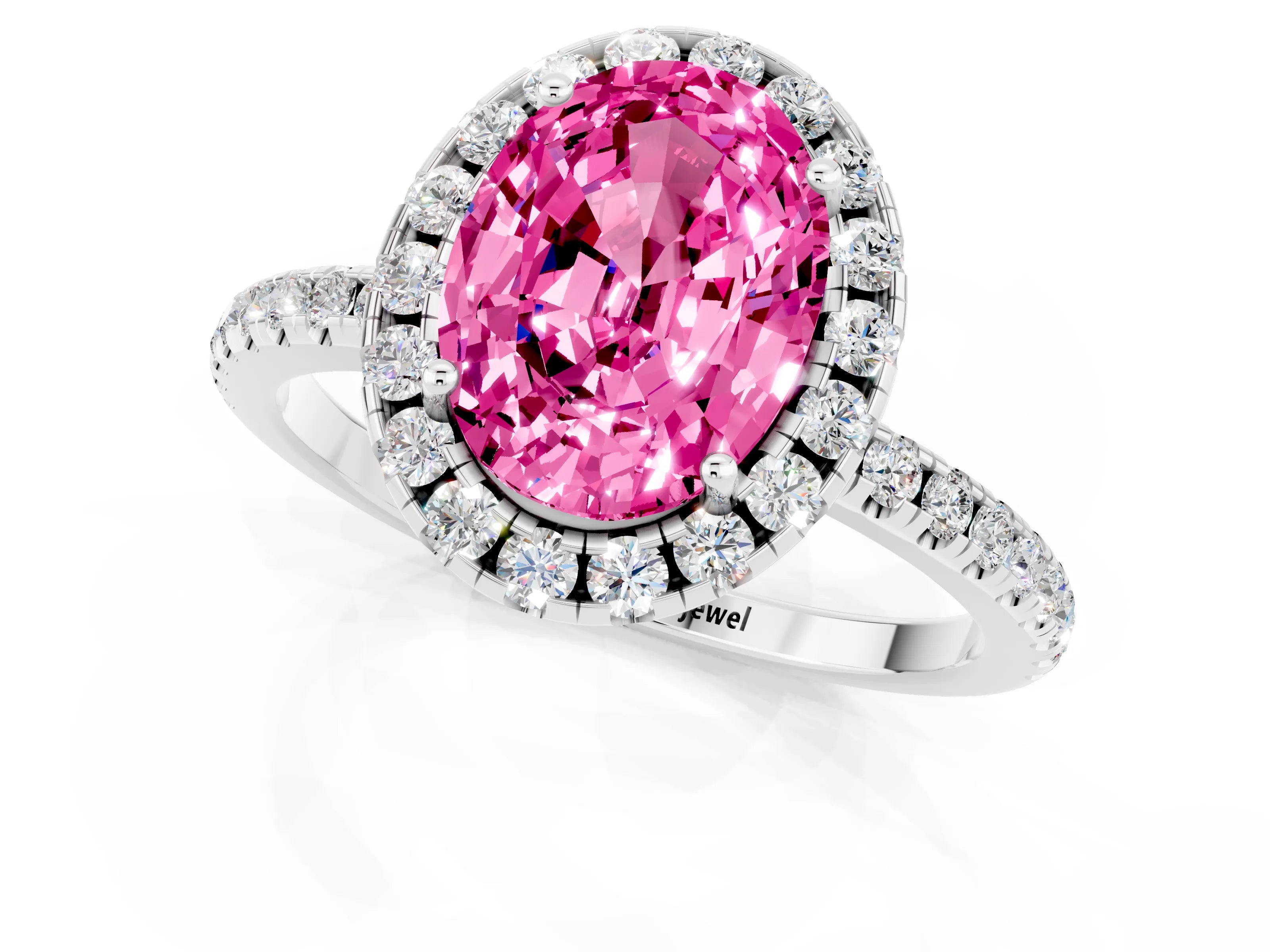 White gold Oval Cut Halo Round Diamond Pavé Band Four-Prong Ring_1