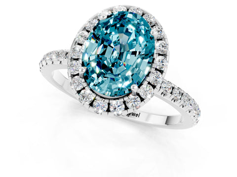 White gold Oval Cut Halo Round Diamond Pavé Band Four-Prong Ring_1