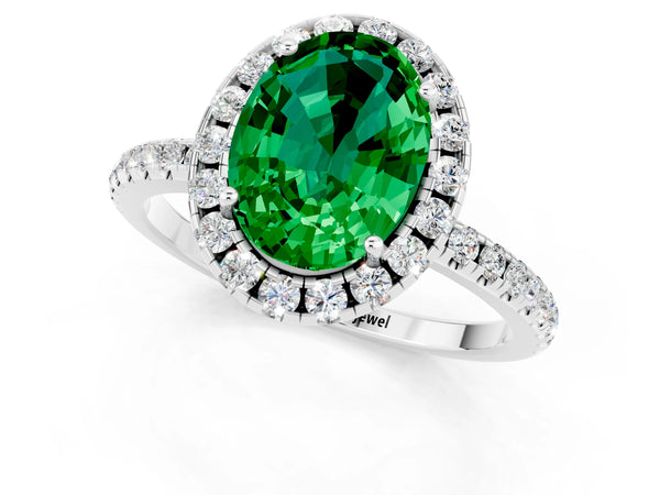 Platinum Oval Cut Emerald Halo Ring with Round Pavé Band and Prong Setting