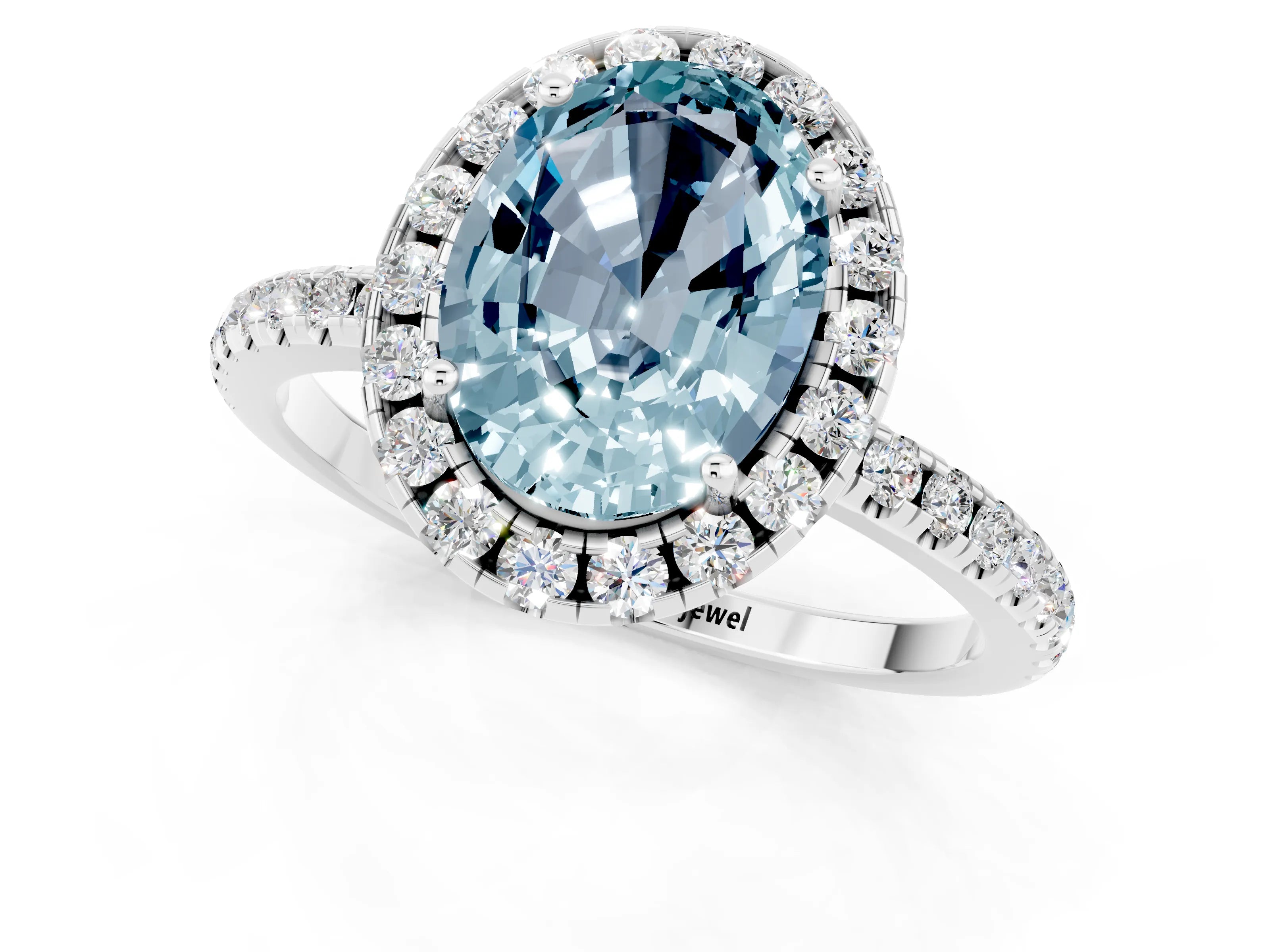 White gold Oval Cut Halo Round Diamond Pavé Band Four-Prong Ring_1