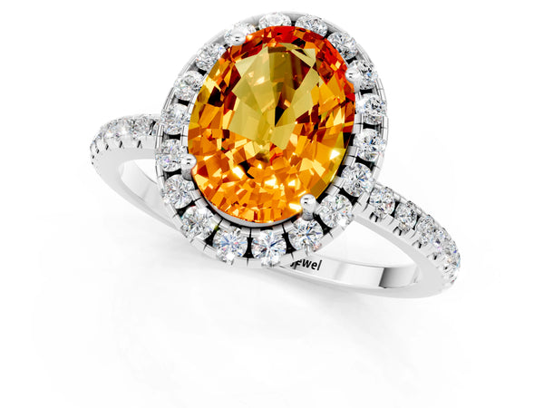 Silver Oval Cut Citrine Halo Ring with Round Pavé Band and Prong Setting