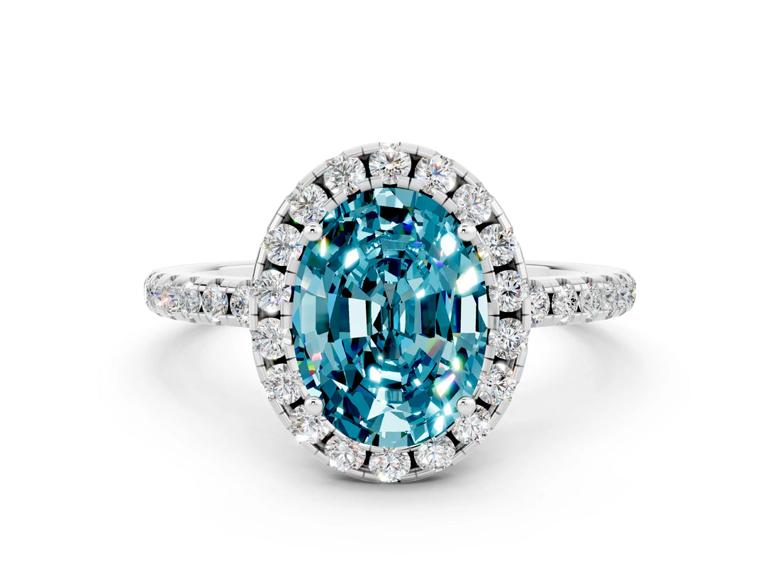 White gold Oval Cut Halo Round Diamond Pavé Band Four-Prong Ring