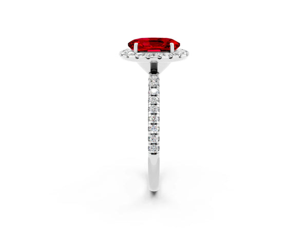 Silver Oval Cut Halo Round Diamond Pavé Band Four-Prong Ring