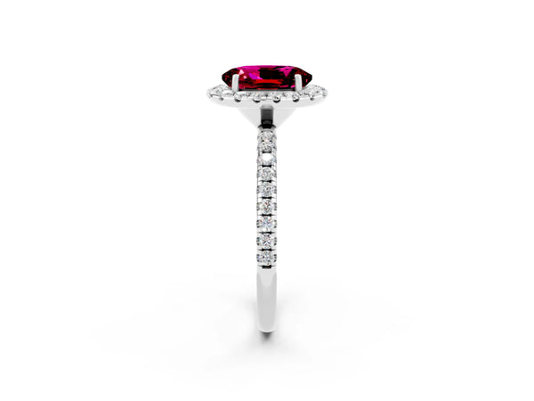 Platinum Oval Cut Garnet Halo Ring with Round Pavé Band and Prong Setting