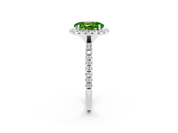 Silver Oval Cut Halo Round Diamond Pavé Band Four-Prong Ring