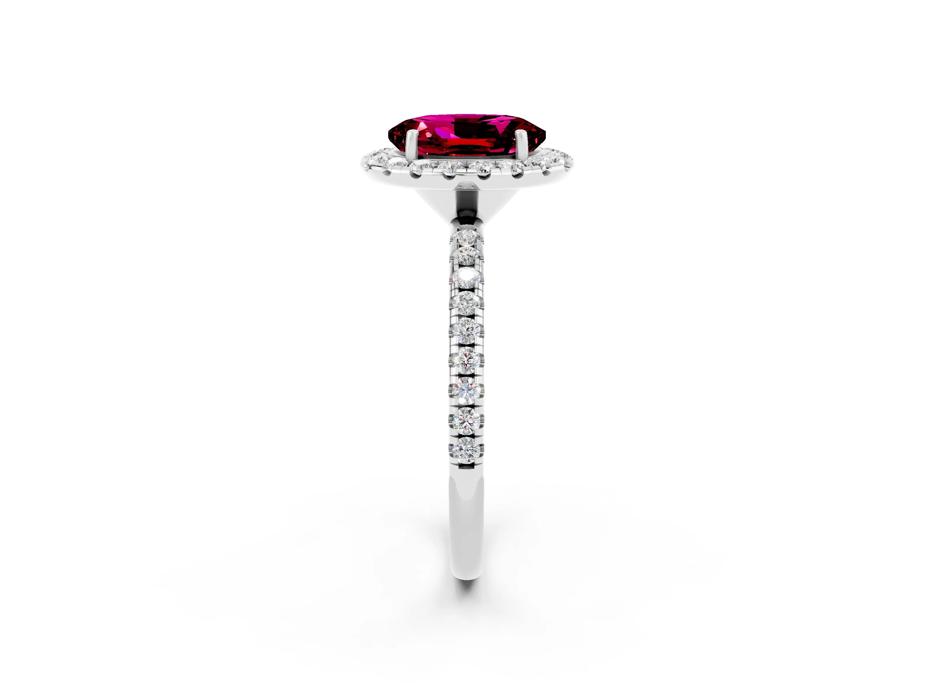 White gold Oval Cut Halo Round Diamond Pavé Band Four-Prong Ring_2