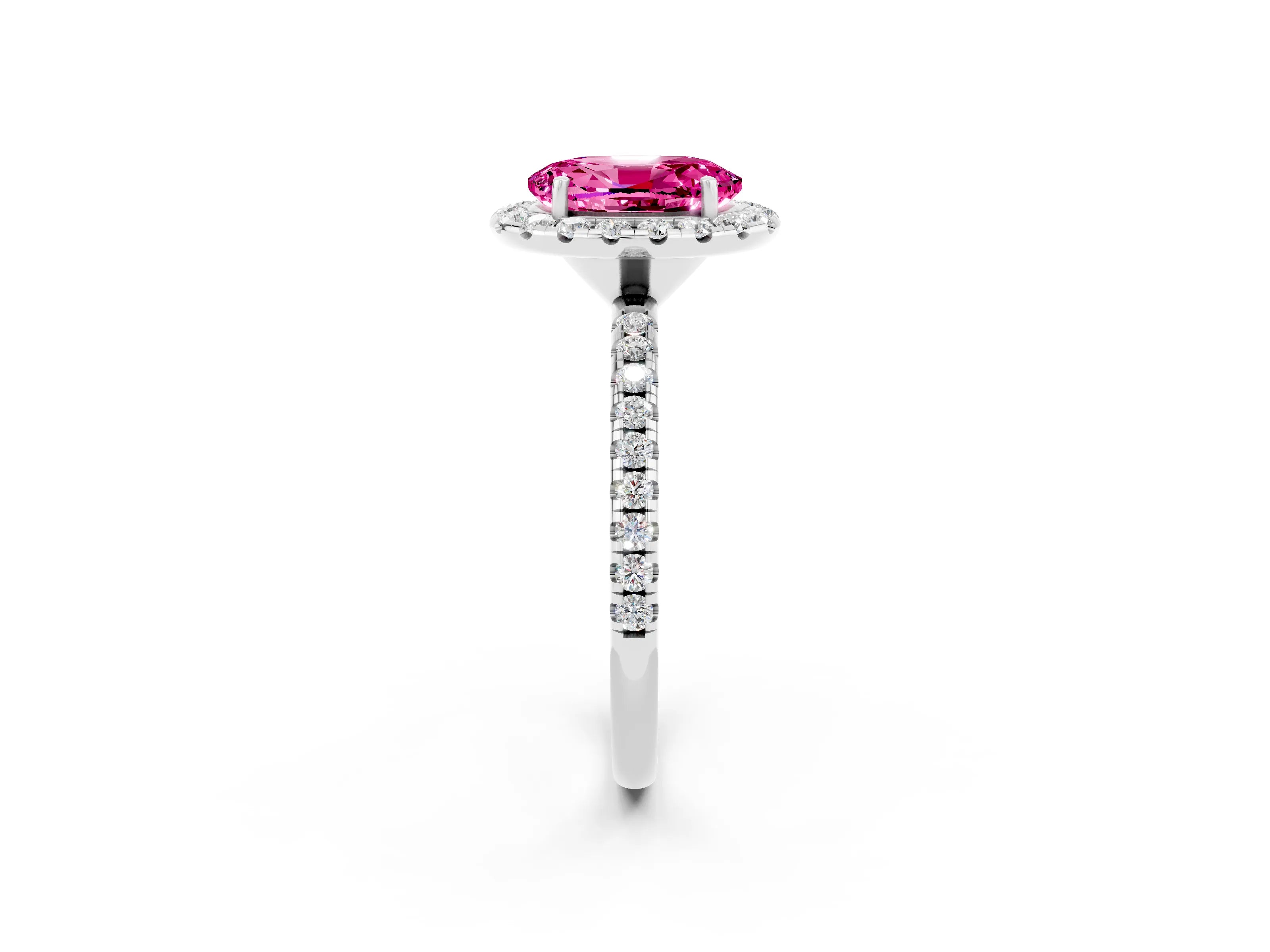 White gold Oval Cut Halo Round Diamond Pavé Band Four-Prong Ring_2