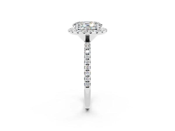 White gold Oval Cut Moissanite Halo Ring with Round Pavé Band and Prong Setting