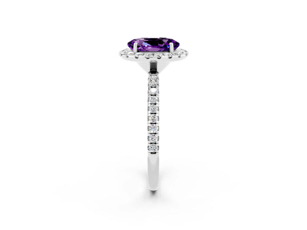 Silver Oval Cut Amethyst Halo Ring with Round Pavé Band and Prong Setting