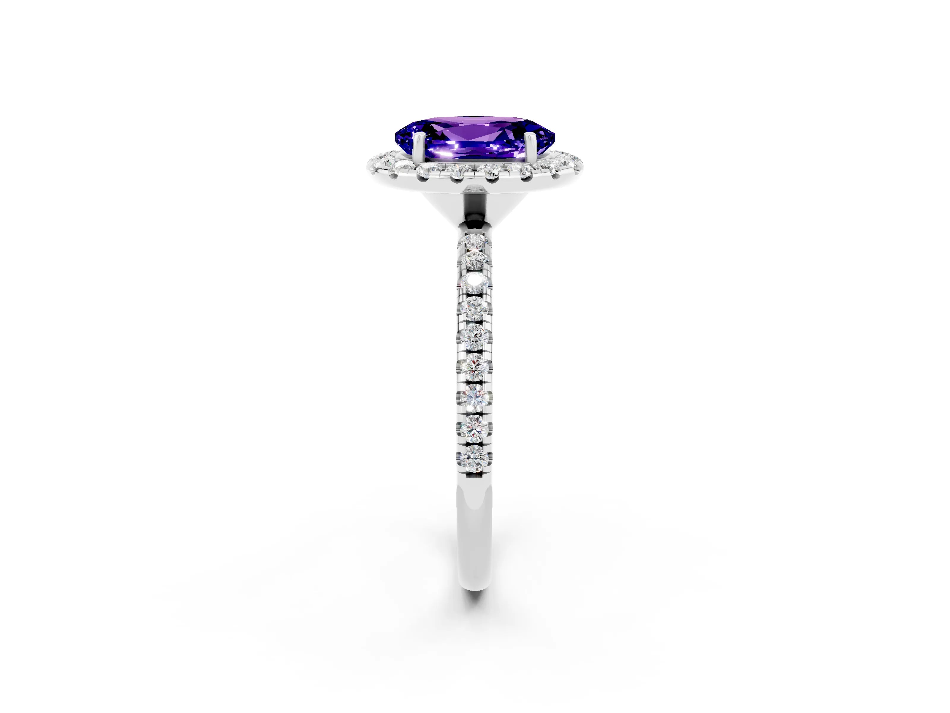 White gold Oval Cut Halo Round Diamond Pavé Band Four-Prong Ring_2
