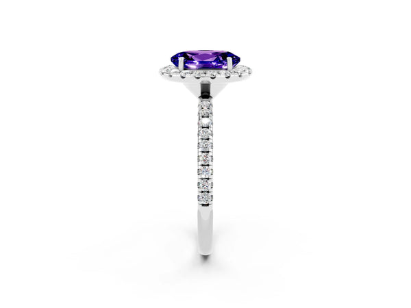 White gold Oval Cut Tanzanite Halo Ring with Round Pavé Band and Prong Setting