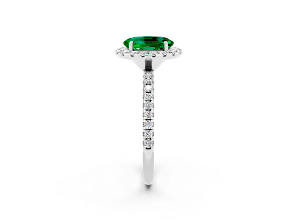White gold Oval Cut Emerald Halo Ring with Round Pavé Band and Prong Setting