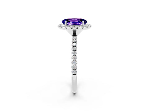 White gold Oval Cut Halo Round Diamond Pavé Band Four-Prong Ring_2