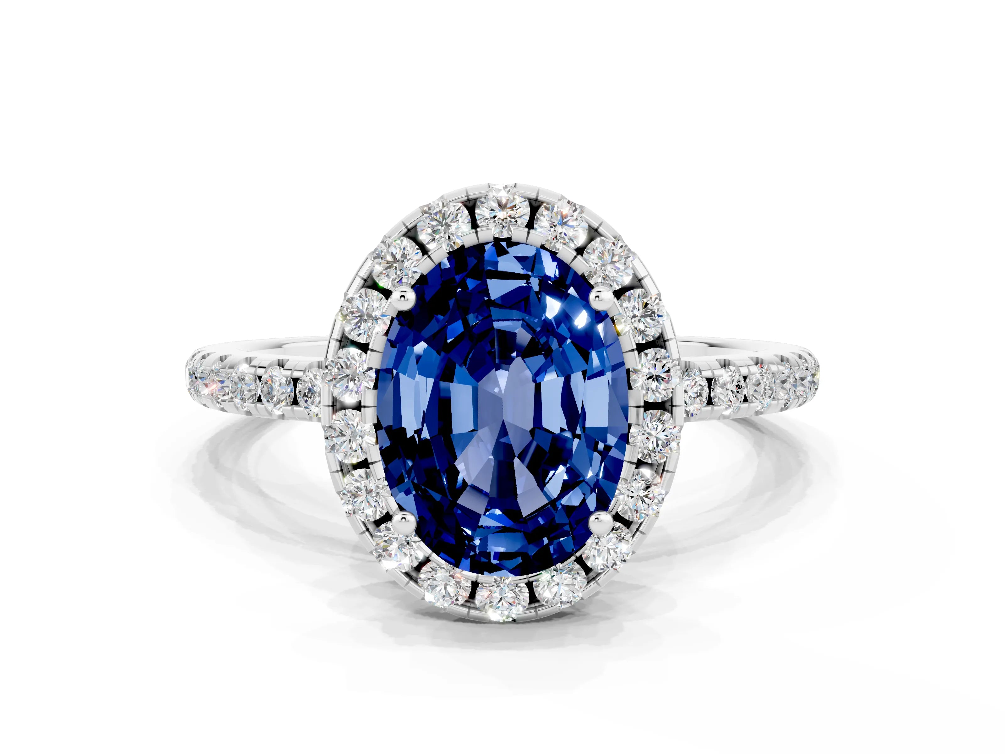 White gold Oval Cut Halo Round Diamond Pavé Band Four-Prong Ring