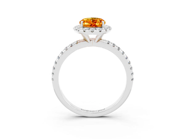 Platinum Oval Cut Citrine Halo Ring with Round Pavé Band and Prong Setting