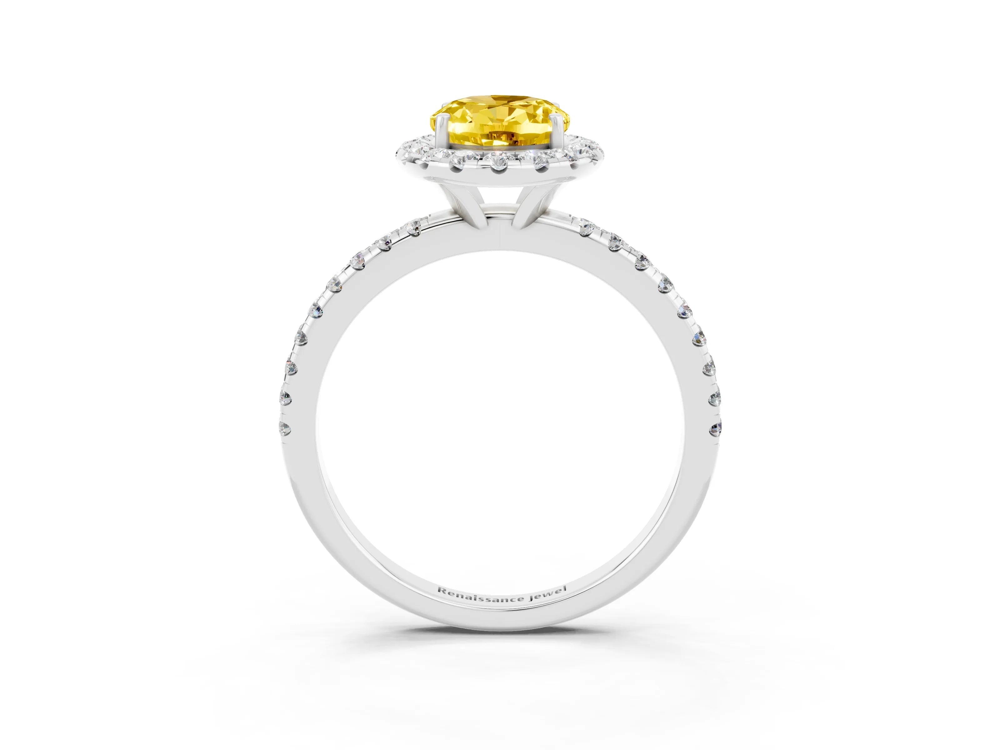 White gold Oval Cut Halo Round Diamond Pavé Band Four-Prong Ring_3