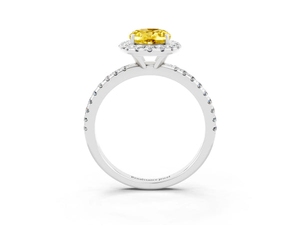 Platinum Oval Cut Yellow Sapphire Halo Ring with Round Pavé Band and Prong Setting