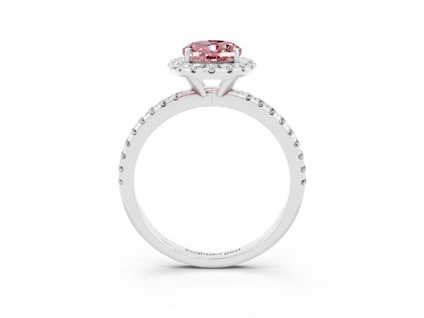 White gold Oval Cut Halo Round Diamond Pavé Band Four-Prong Ring