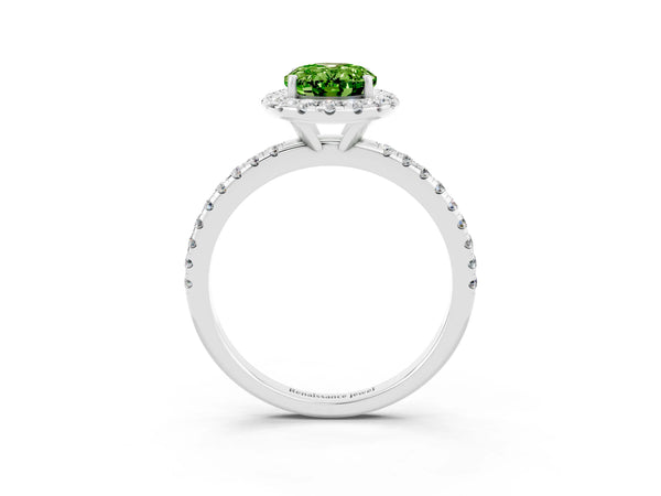 Platinum Oval Cut Halo Round Diamond Pavé Band Four-Prong Ring