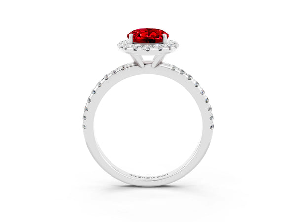 Platinum Oval Cut Halo Round Diamond Pavé Band Four-Prong Ring